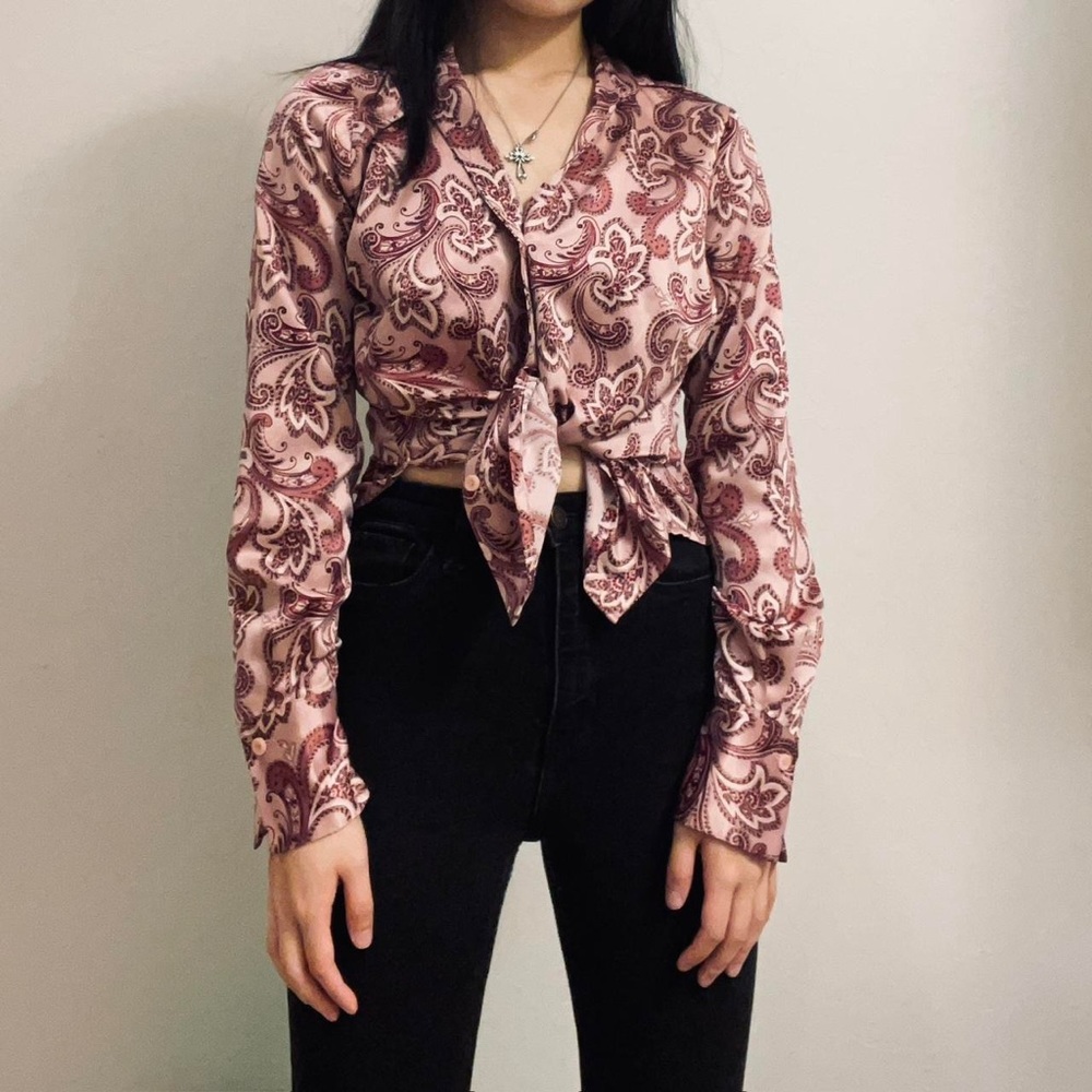 Vintage Pink Paisley Tie-Front Blouse